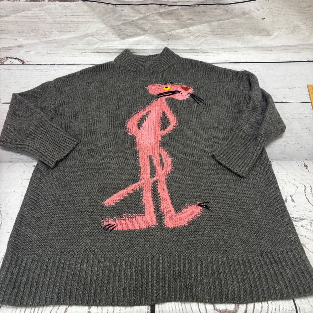Zara Knit Pink Panther Sweater Gray Mock Neck Oversized Graphic Pullover M/L